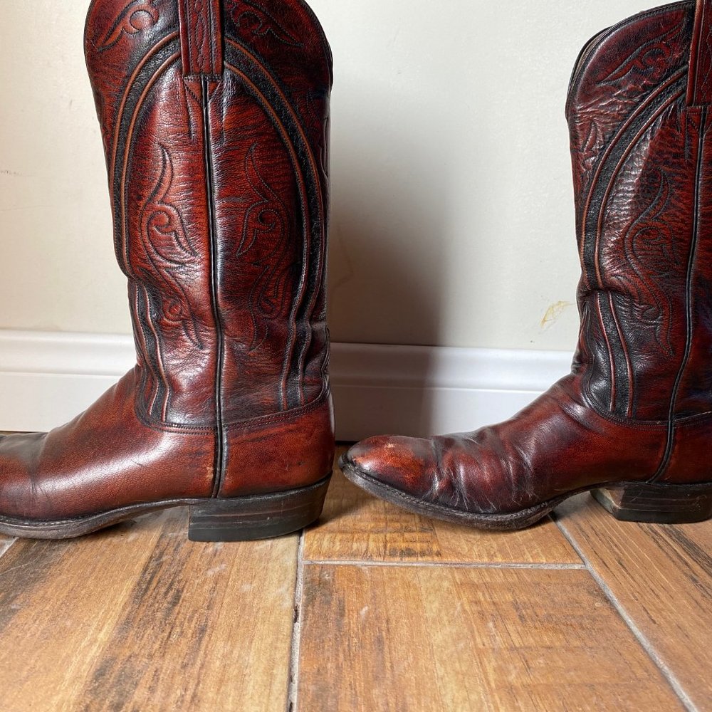 Mens Vtg Lucchese Cherry 1350 Goat Leather Cowboy Boots Size 10B